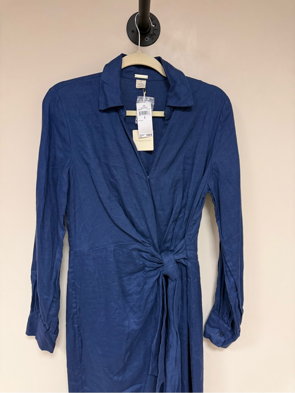 Magaschoni Navy Blue Long-Sleeve Wrap Shirt Dress size 8 medium Linen NEW - Picture 3 of 7